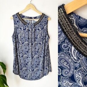 Magnolia Grace Sleeveless Blouse‎ Blue White Paisley Beaded Neck Plus Size 2X
